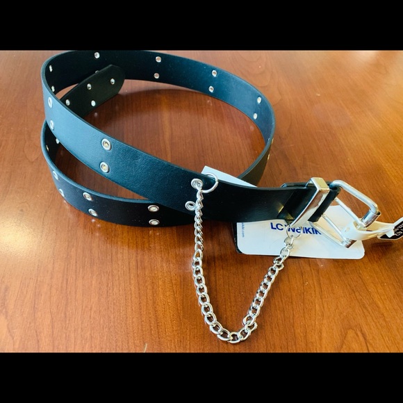 Beautiful black leather adjustable belt with two rows shiny metal eyelets 85 cm - Picture 2 of 5
